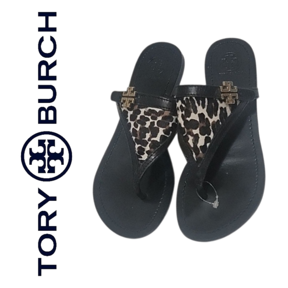 Tory Burch Calf Hair Thong Logo Flat Leather Slide Size 7  EUC RARE!!!